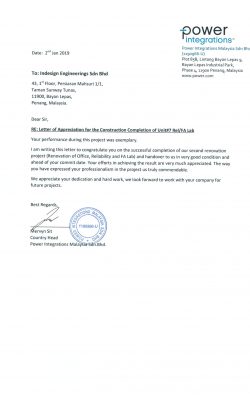 Letter of Appreciation - Power Integrations Malaysia SB-1